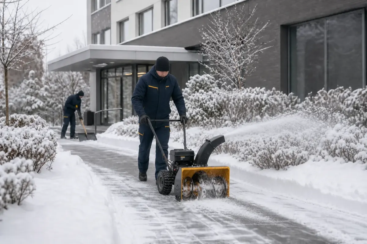 Odśnieżanie chodnika przy obiekcie z użyciem odśnieżarki