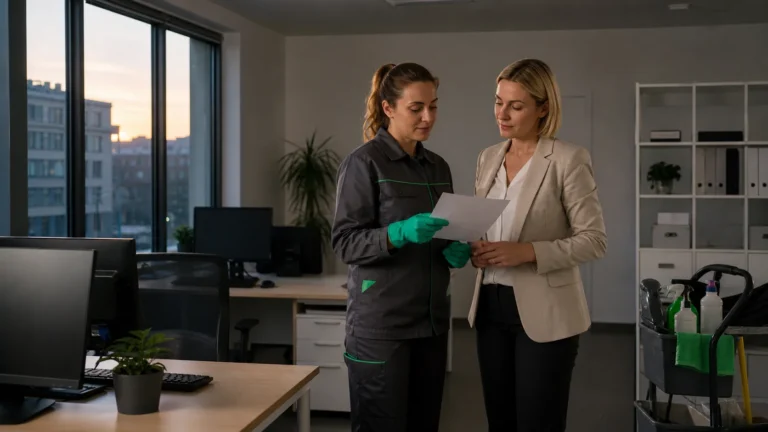 Koordynatorka serwisu omawia harmonogram sprzątania z managerką biura